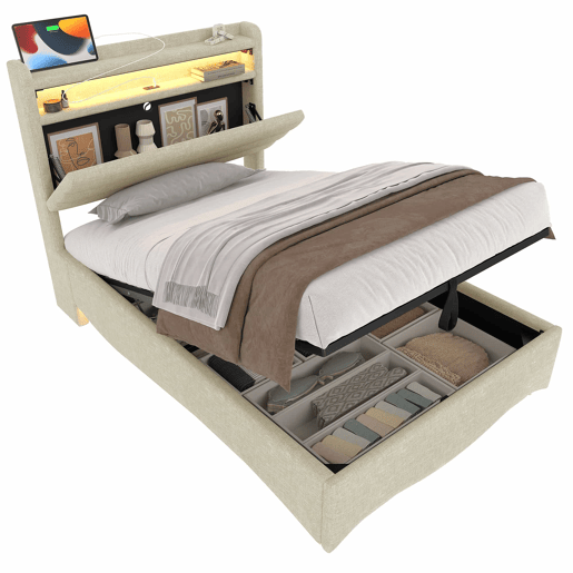 Cama estofada 90x200 cm - com iluminação LED, mecanismo hidráulico, portas USB e Tipo-C, compartimento e prateleiras, tecido de linho - bege