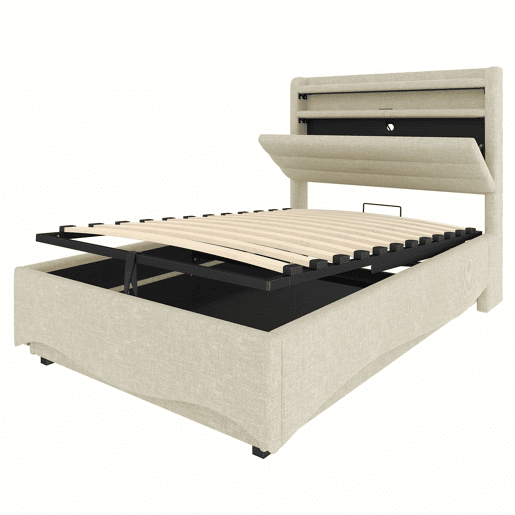 Cama estofada 90x200 cm - com iluminação LED, mecanismo hidráulico, portas USB e Tipo-C, compartimento e prateleiras, tecido de linho - bege