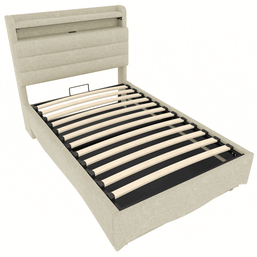 Cama estofada 90x200 cm - com iluminação LED, mecanismo hidráulico, portas USB e Tipo-C, compartimento e prateleiras, tecido de linho - bege