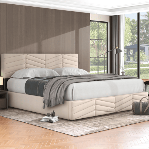 Cama de contentor em veludo com estrado de ripas + cabeceira regulável - 160x200cm - Bege
