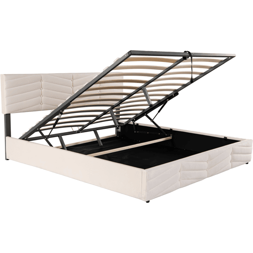 Cama de contentor em veludo com estrado de ripas + cabeceira regulável - 160x200cm - Bege