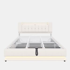 Cama estofada 180x200 cm - LED, USB, armazenamento hidráulico, veludo, estrutura metálica - Bege