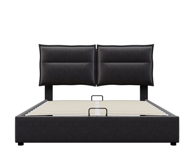 Cama contenedor acolchada de terciopelo 140x200 cm con cabecero ajustable y somier de láminas - negro