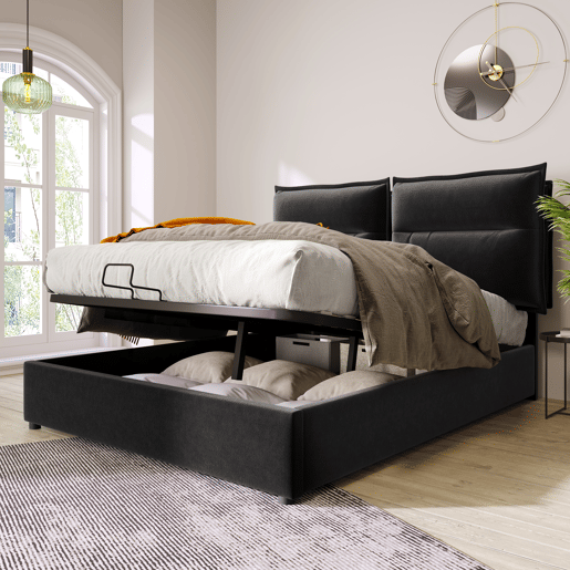 Cama de contentor estofada em veludo 140x200 cm com cabeceira regulável e estrado de ripas - Preto