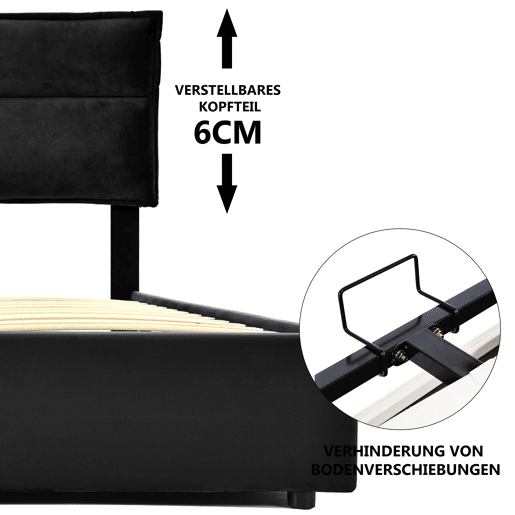 Cama de contentor estofada em veludo 140x200 cm com cabeceira regulável e estrado de ripas - Preto