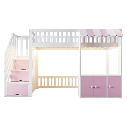 Cama alta de madeira 90x200 cm - armário e escada com arrumação, LED, design rosa