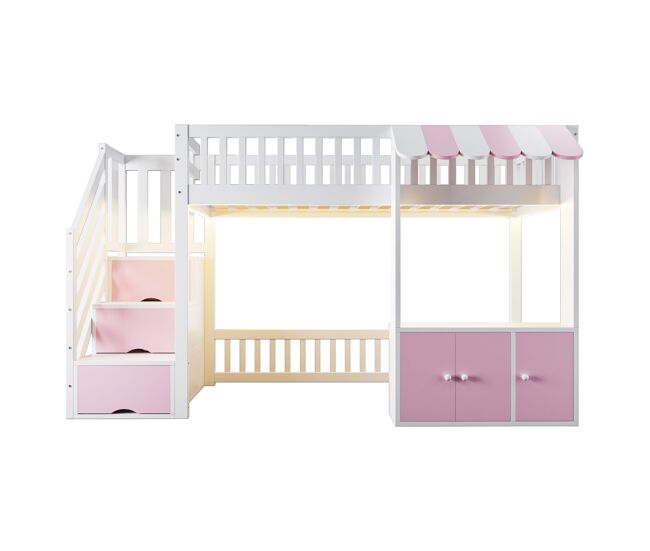 Cama alta madera 90x200 cm - armario y escalera con almacenamiento, led, diseño rosa