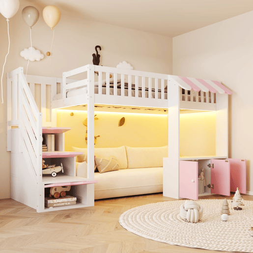 Cama alta de madeira 90x200 cm - armário e escada com arrumação, LED, design rosa