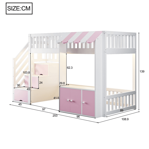 Cama alta de madeira 90x200 cm - armário e escada com arrumação, LED, design rosa