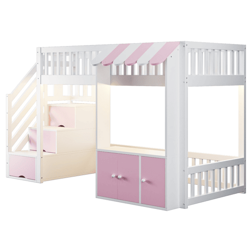 Cama alta de madeira 90x200 cm - armário e escada com arrumação, LED, design rosa