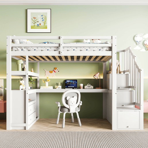 Cama alta 90x200 cm - com secretária, escada com arrumação e 2 gavetas - Branco