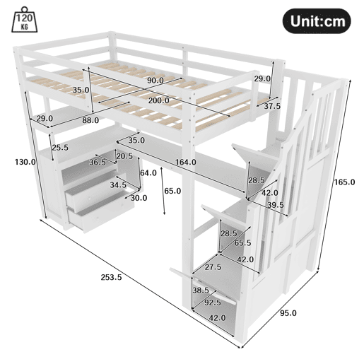Cama alta 90x200 cm - com secretária, escada com arrumação e 2 gavetas - Branco