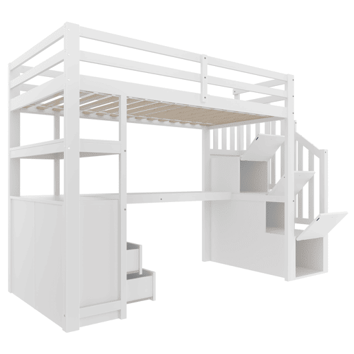 Cama alta 90x200 cm - com secretária, escada com arrumação e 2 gavetas - Branco
