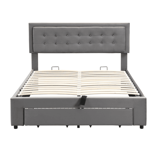 Cama contentor estofada em veludo 140x190cm - com gaveta e estrado de molas - Cinzento (sem colchão)