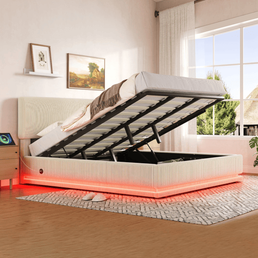 Cama estofada moderna 180x200 - com iluminação LED, USB-C, cabeceira ajustável, tecido cordão, estrutura resistente - Bege