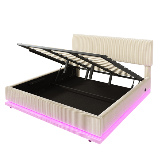 Cama estofada moderna 180x200 - com iluminação LED, USB-C, cabeceira ajustável, tecido cordão, estrutura resistente - Bege