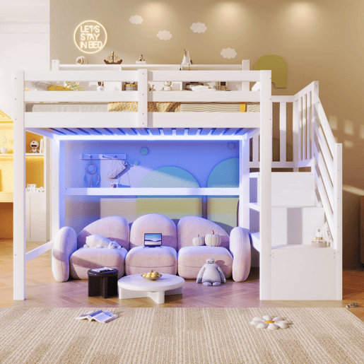 Beliche 90x200 cm - com luzes LED, grande espaço de armazenamento, escada com prateleiras, sem colchão - Branco Beliche 90x200 cm - com luzes LED, grande espaço de armazenamento, escada com prateleiras, sem colchão - Branco