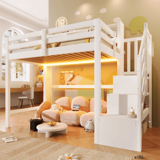 Beliche 90x200 cm - com luzes LED, grande espaço de armazenamento, escada com prateleiras, sem colchão - Branco Beliche 90x200 cm - com luzes LED, grande espaço de armazenamento, escada com prateleiras, sem colchão - Branco