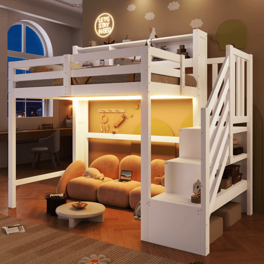 Beliche 90x200 cm - com luzes LED, grande espaço de armazenamento, escada com prateleiras, sem colchão - Branco Beliche 90x200 cm - com luzes LED, grande espaço de armazenamento, escada com prateleiras, sem colchão - Branco