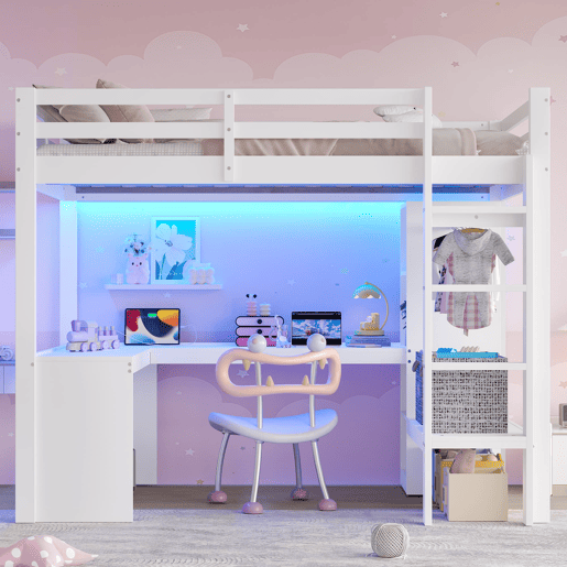 Cama alta 140x200 - Estantes multifuncionais, secretária inferior, luz LED, USB - Branco