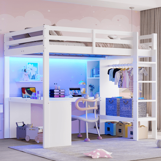 Cama alta 140x200 - Estantes multifuncionais, secretária inferior, luz LED, USB - Branco