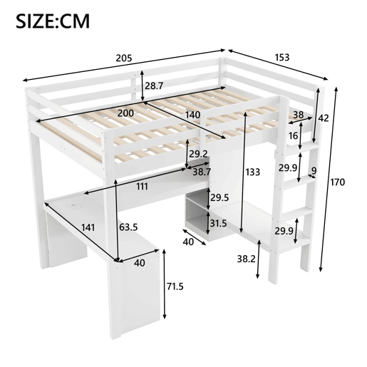 Cama alta 140x200 - Estantes multifuncionais, secretária inferior, luz LED, USB - Branco