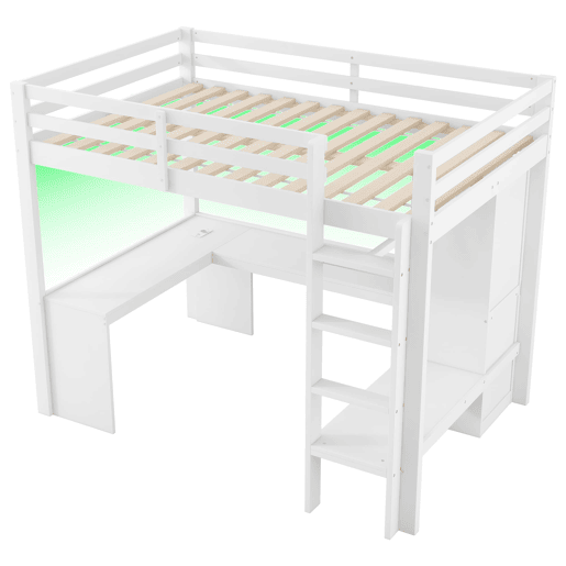 Cama alta 140x200 - Estantes multifuncionais, secretária inferior, luz LED, USB - Branco