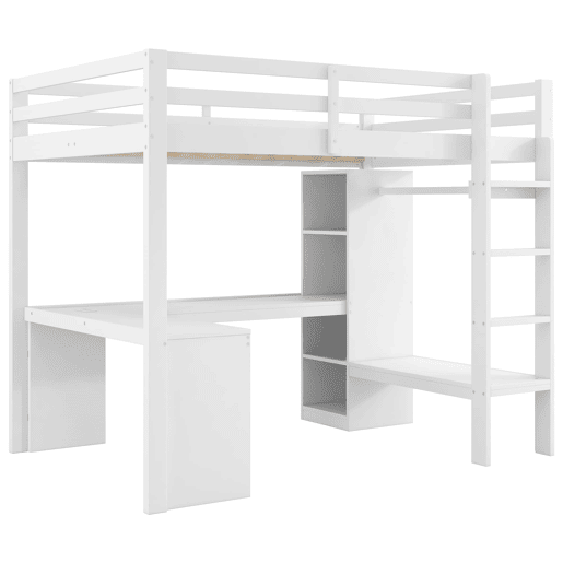 Cama alta 140x200 - Estantes multifuncionais, secretária inferior, luz LED, USB - Branco