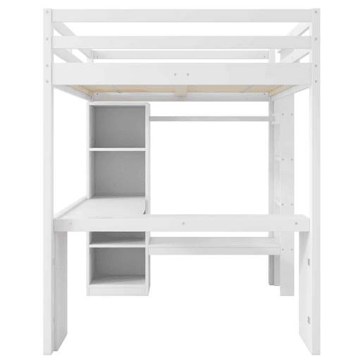Cama alta 140x200 - Estantes multifuncionais, secretária inferior, luz LED, USB - Branco