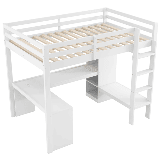 Cama alta 140x200 - Estantes multifuncionais, secretária inferior, luz LED, USB - Branco