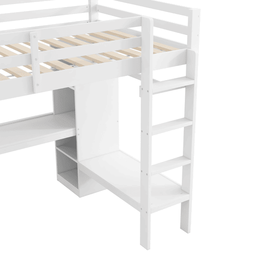 Cama alta 140x200 - Estantes multifuncionais, secretária inferior, luz LED, USB - Branco