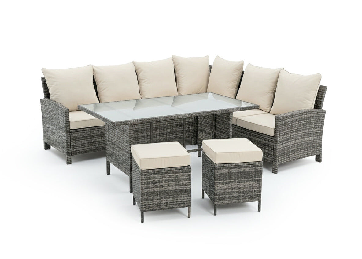 Sofa rinconera 7 plazas + mesa + 2 pufs en ratan pe. muebles de jardin y terraza, ratan gris