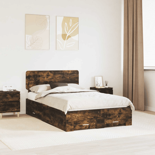 Estrutura de cama de casal com cabeceira - Carvalho Defumado 135 x 190 cm