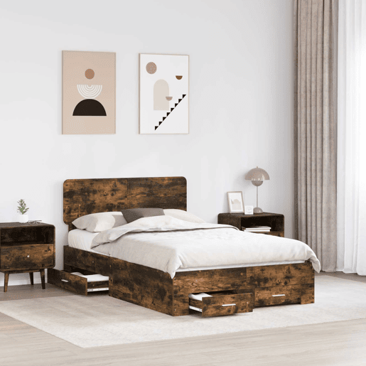 Estrutura de cama de casal com cabeceira - Carvalho Defumado 135 x 190 cm