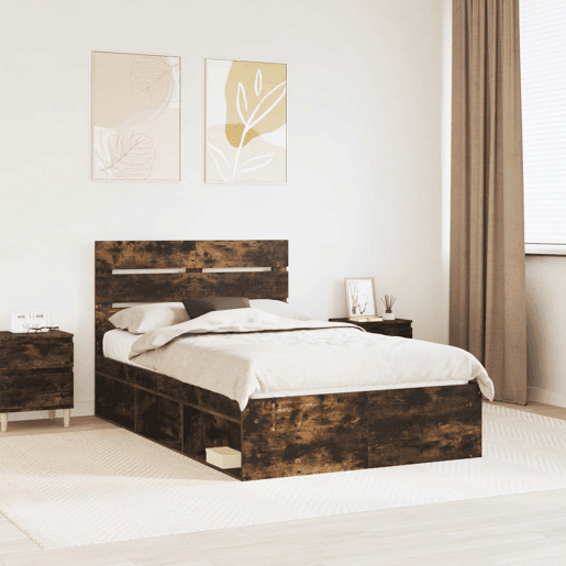 Estrutura de cama de casal com cabeceira - Carvalho Defumado 135 x 190 cm