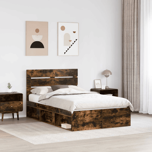 Estrutura de cama de casal com cabeceira - Carvalho Defumado 135 x 190 cm