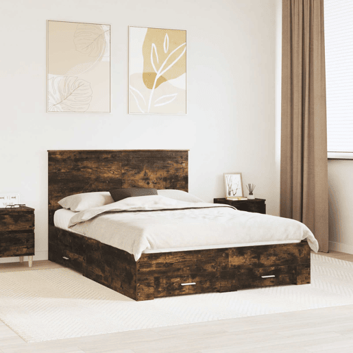Estrutura de cama de casal com cabeceira - Carvalho Defumado 135 x 190 cm