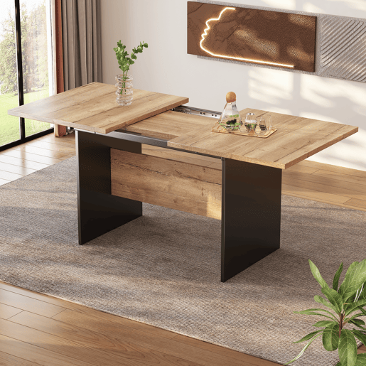 Mesa de Jantar Extensível Vexab 140 a 180 cm - Mesa Multiuso com Extensão Borboleta, Tampo Efeito Madeira e Painéis Preto Mate