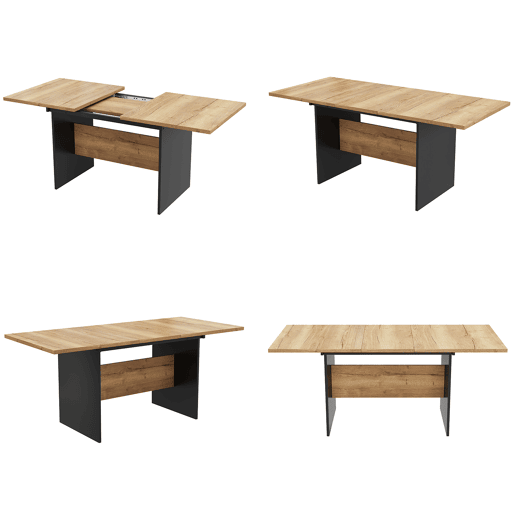 Mesa de Jantar Extensível Vexab 140 a 180 cm - Mesa Multiuso com Extensão Borboleta, Tampo Efeito Madeira e Painéis Preto Mate