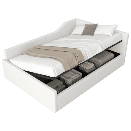 Cama de dia 140x200 - Estofada com arrumação inferior - Bege