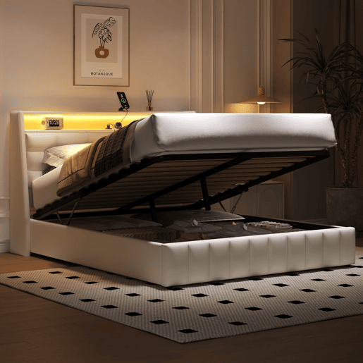 Cama plataforma 160x200 - estofada, LED, USB, arrumação e cabeceiras ajustáveis - Branco