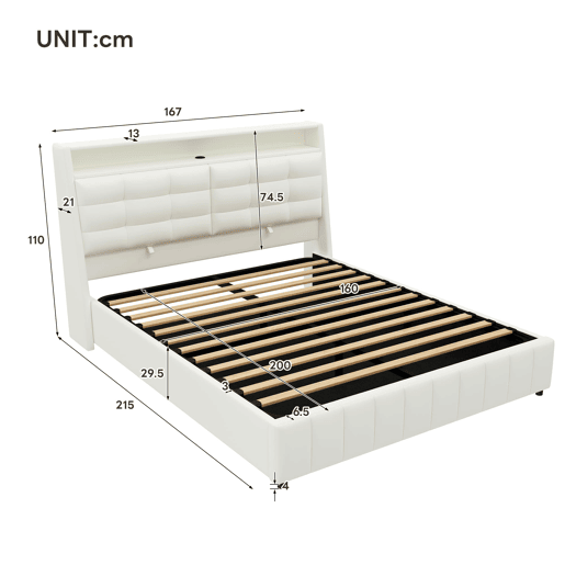 Cama plataforma 160x200 - estofada, LED, USB, arrumação e cabeceiras ajustáveis - Branco