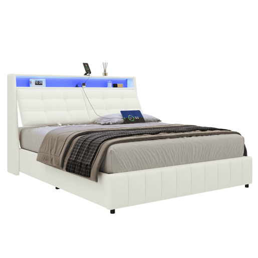 Cama plataforma 160x200 - estofada, LED, USB, arrumação e cabeceiras ajustáveis - Branco