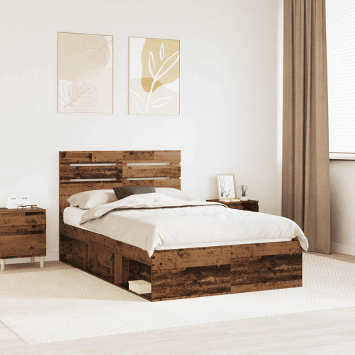 Estrutura de cama de casal com cabeceira - Madeira antiga 135 x 190 cm