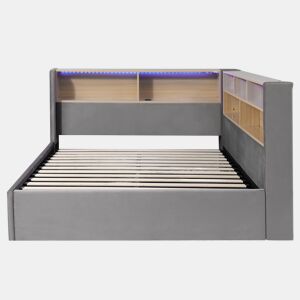 Cama de dia 140x200 cm - Couro sintético, armazenamento hidráulico, LED, USB, encosto - Cinza