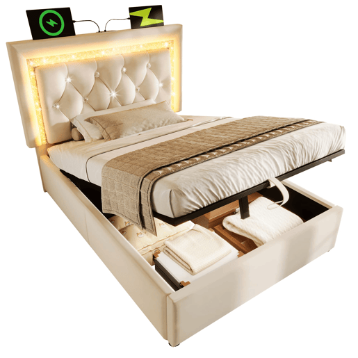 Cama individual 90x200 u2013 LED na cabeceira, USBType-C, canapé hidráulico com arrumação u2013 Bege