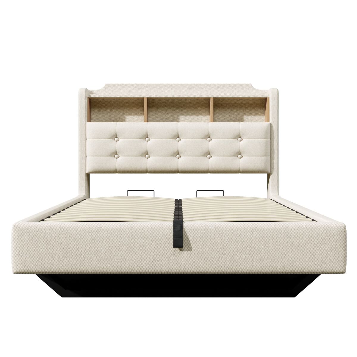 Cama tapizada 140x200 cm - con luz led, almacenamiento hidráulico, diseño flotante, beige