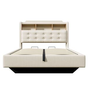 Cama estofada 140x200 cm - Com luz LED, armazenamento hidráulico, design flutuante, bege