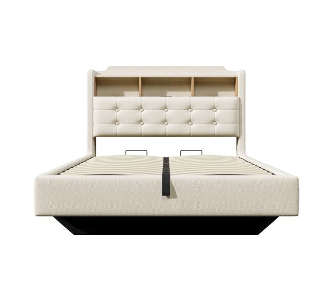 Cama tapizada 140x200 cm - con luz led, almacenamiento hidráulico, diseño flotante, beige