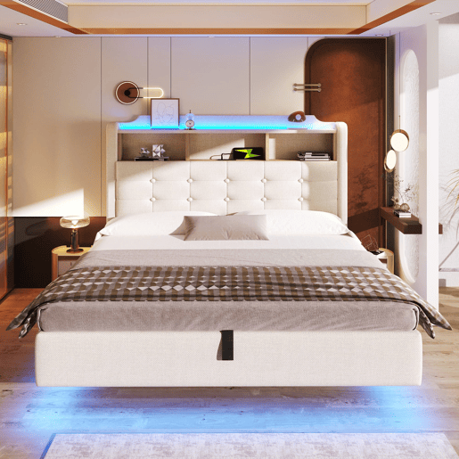 Cama estofada 140x200 cm - Com luz LED, armazenamento hidráulico, design flutuante, bege